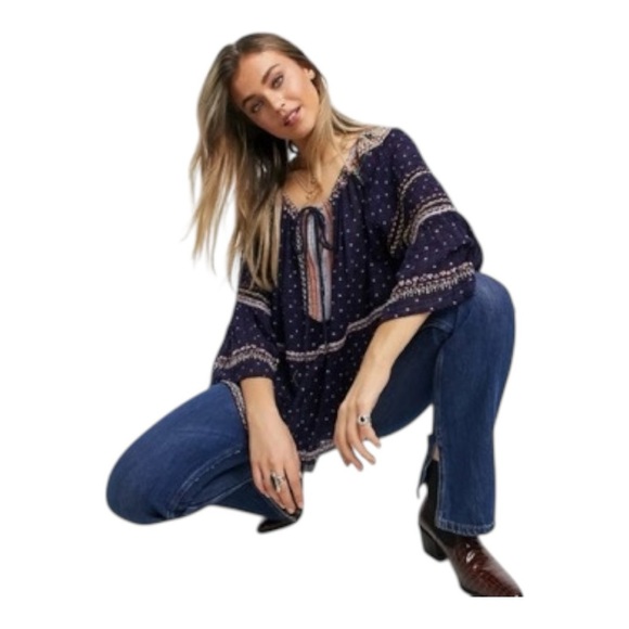 Free People Talia Embroidered Blouse Navy Size Small Boho Top Festival Flowy - Picture 13 of 13